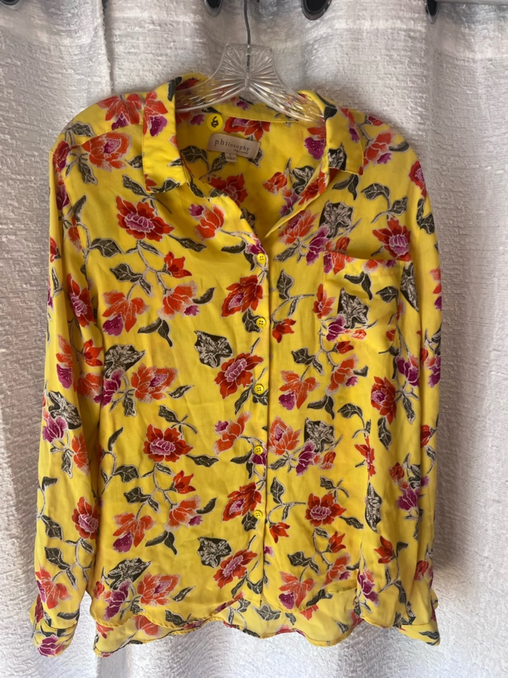 Philosophy Yellow Floral Button-Up Shirt with Red & Purple Blooms